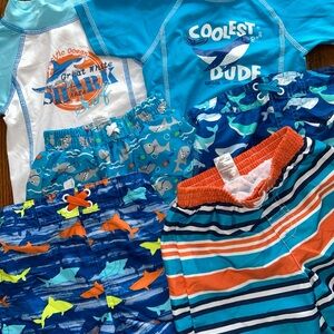 Lot of 6 Healthtex & Mick & Mack Blue Shark Print Swim suits & rash guards